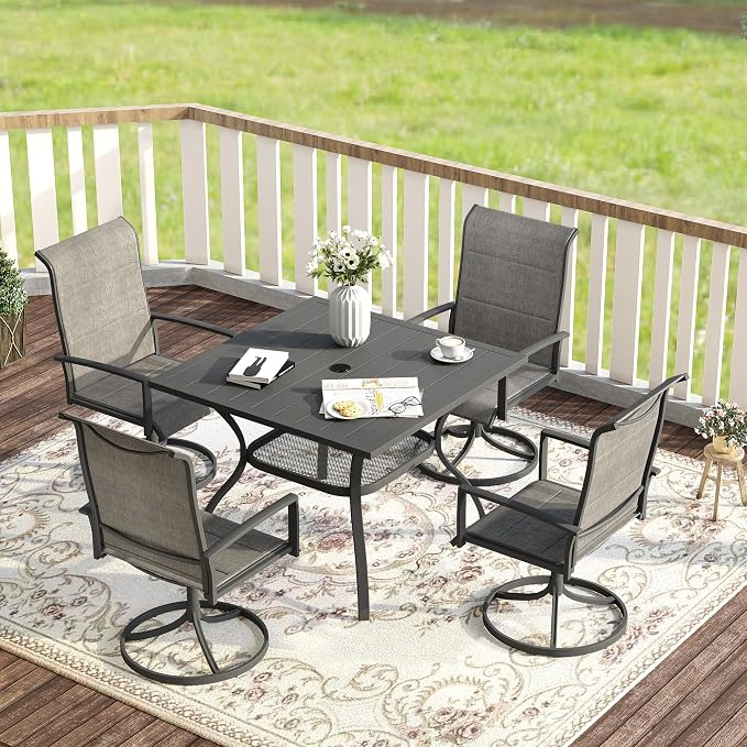 VICLLAX 5 Pieces Patio Dining Set, 4 Seats Outdoor Furniture Includes 37.8" Square Outdoor Table and 4 Swivel Patio Chairs, Grey Tabletop and Fabric