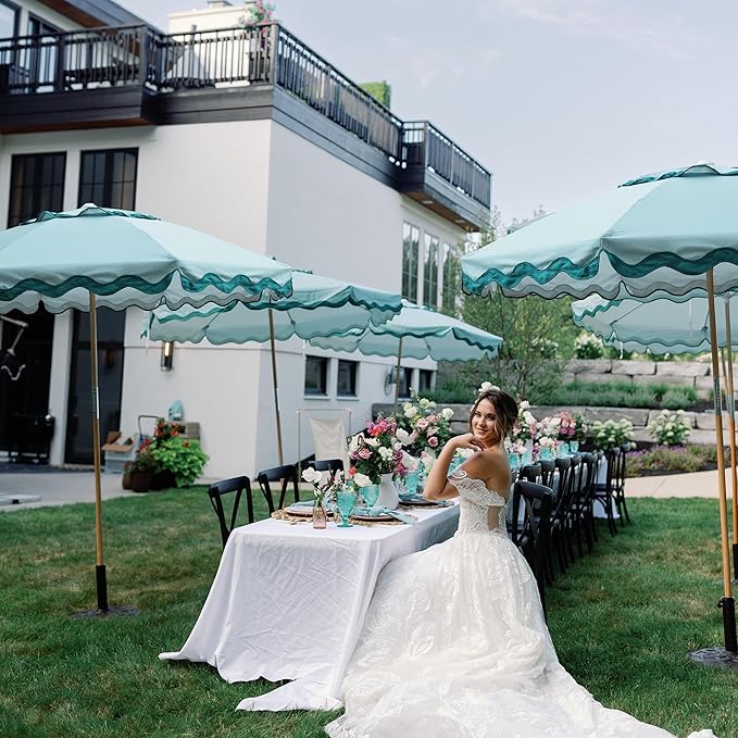 AMMSUN 7.8ft Seashore Umbrella, Outdoor Umbrella, Boho Beach & Patio Umbrella with UV 50+ Air Vent Ash Wood Pole Carry Bag & Water-Resistant Canvas Aqua Green