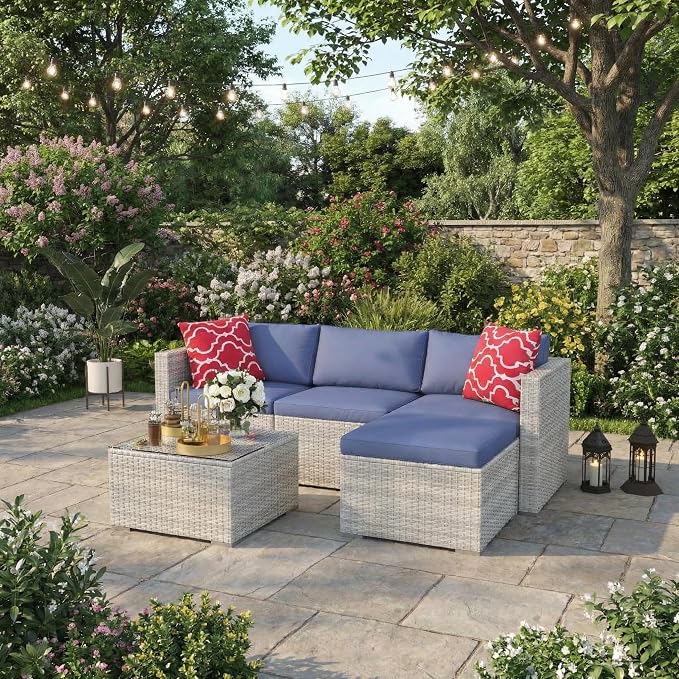 5-Piece L-Shaped Outdoor Patio Furniture Set,PE Wicker Sectional Sofa Set with Cushions and Tempered Glass Table,Steel Frame Conversation Set for Backyard,Poolside Gray Gradient Wicker / Blue Cushions