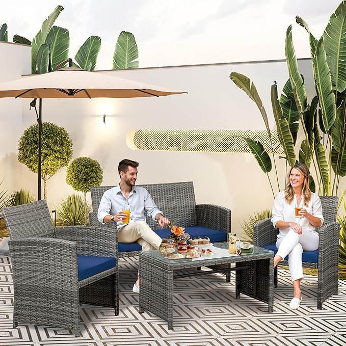 SUNLEI 4 Pcs Patio Ratten Set, Outdoor Furniture Set Wicker Conversation Set with Cushions and Tempered Glass Tabletop Outdoor Patio Furniture Sets (Dark Blue)