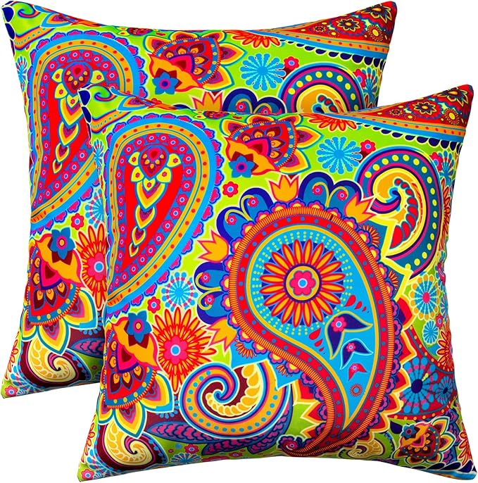 Outdoor Pillows, 2 Pack 18x18 Water Resistant Outdoor Throw Pillows for Patio, Furniture, Sofa, Bed, Living Room, Garden Decorative(Colorful)