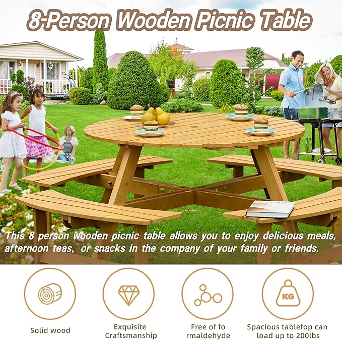 JOYBASE 8-Person Wooden Picnic Table, Outdoor Round Table with Built-in Benches and Umbrella Hole, Picnic Table Bench Set for Patio, Backyard, Garden (Natural)