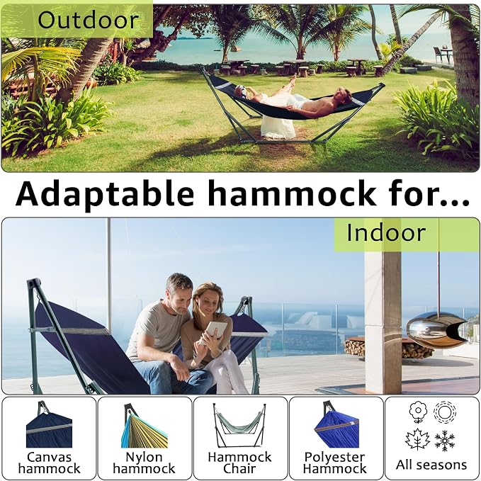 Tranquillo Ultimate Relaxation Portable Hammock Stand with Cotton Canvas Net, Spreader Bar, Quick Fold Unfold in 30 Seconds Steel Frame Hammock 600 lbs Capacity Outdoor, Navy
