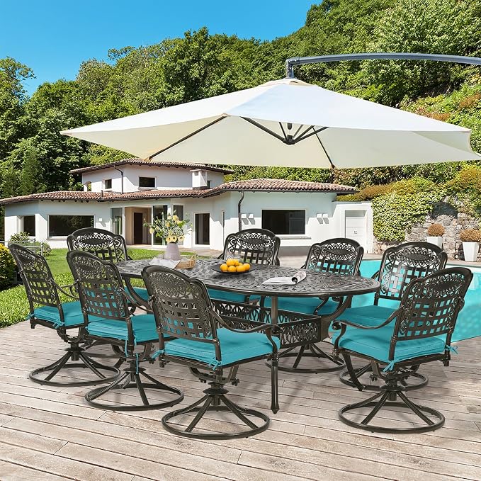 9-Piece Patio Dining Set, Outdoor Patio Table and Chair Set of 84” Oval Cast Aluminum Dining Table with Umbrella Hole, 8 Patio Dining Swivel Chairs Padded, Patio Funiture Set, Blue