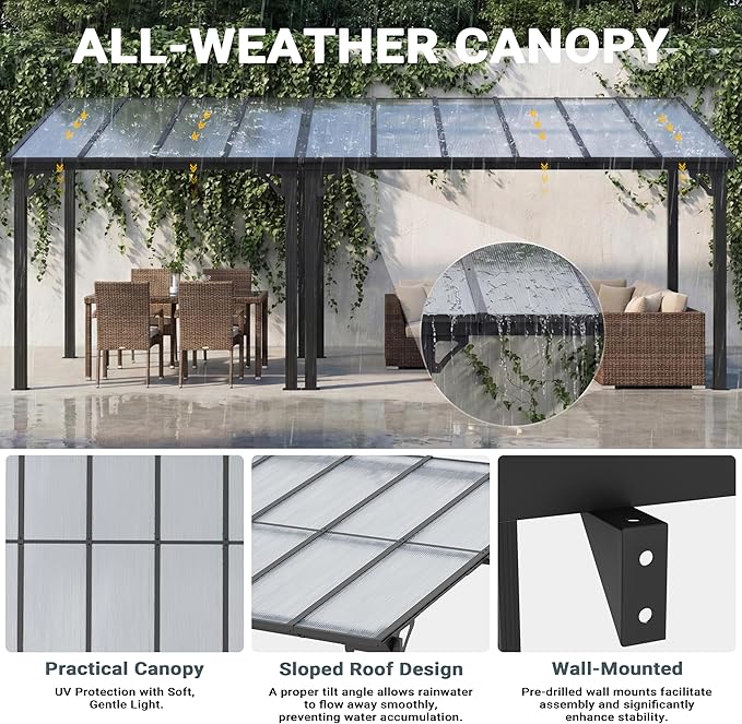 AirWire 10x20 FT Gazebo, Pergola Awnings for Patio with Hardtop Gazebos on Clearance, Patio Covers for Shade and Rain, Lean to Gazebo Sunroom Patio Canopy Outdoor Pergolas for Patios, Decks, Backyard