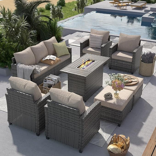 UDPATIO Patio Furniture Set with 44" Fire Pit Table, 8 Pieces Outdoor Sectional Conversation Sets, All-Weather Wicker Rattan Sofa Ottoman with 4" Thick Cushion for Garden Backyard Deck, Khaki
