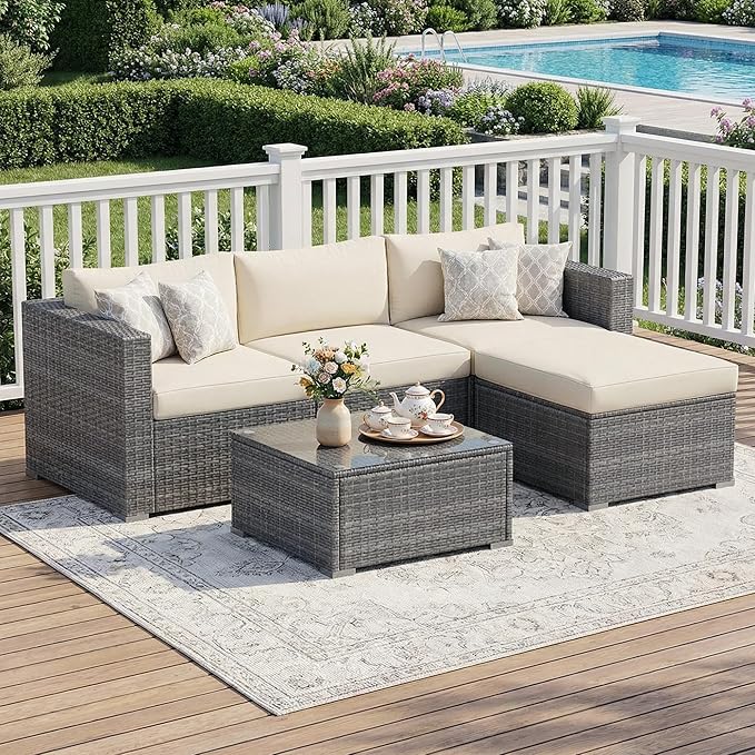 Wisteria Lane 5 Piece Outdoor Patio Furniture Set, All Weather Wicker Rattan Sectional Sofa Conversation Set with Cushions & Glass Coffee Table, Ideal for Backyard Porch Garden Balcony, Beige