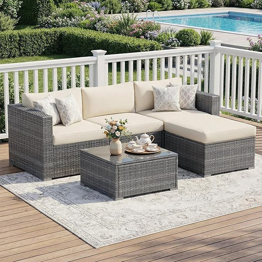 Wisteria Lane 5 Piece Outdoor Patio Furniture Set, All Weather Wicker Rattan Sectional Sofa Conversation Set with Cushions & Glass Coffee Table, Ideal for Backyard Porch Garden Balcony, Beige