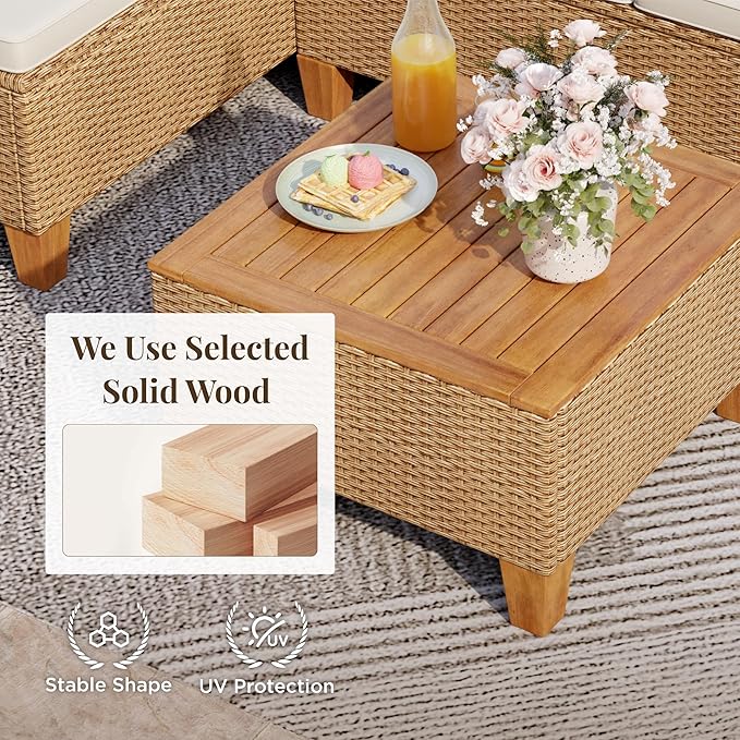 Wicker Outdoor Patio Furniture Set 3 Pieces Patio Chaise Longue Conversation Set, Rattan L-Shaped Sofa Couch with Acacia Wood Coffee Table for Deck Porch and Garden