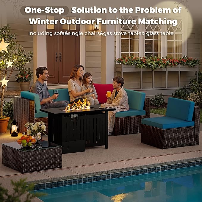 Flamaker 7 Pieces Patio Furniture Set with Fire Pit Table Outdoor Sectional Patio Sofa Furniture Set with Gas Fire Pit and Coffee Table & Ottoman Cushion Pillows, Blue