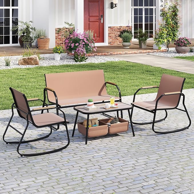 HAPPYGRILL Outdoor Conversation Set with Bistro Rocking Chairs, Loveseat, Storage Coffee Table, Patio Furniture Set with Heavy-Duty Metal Frame, Breathable Mesh Fabric (1)