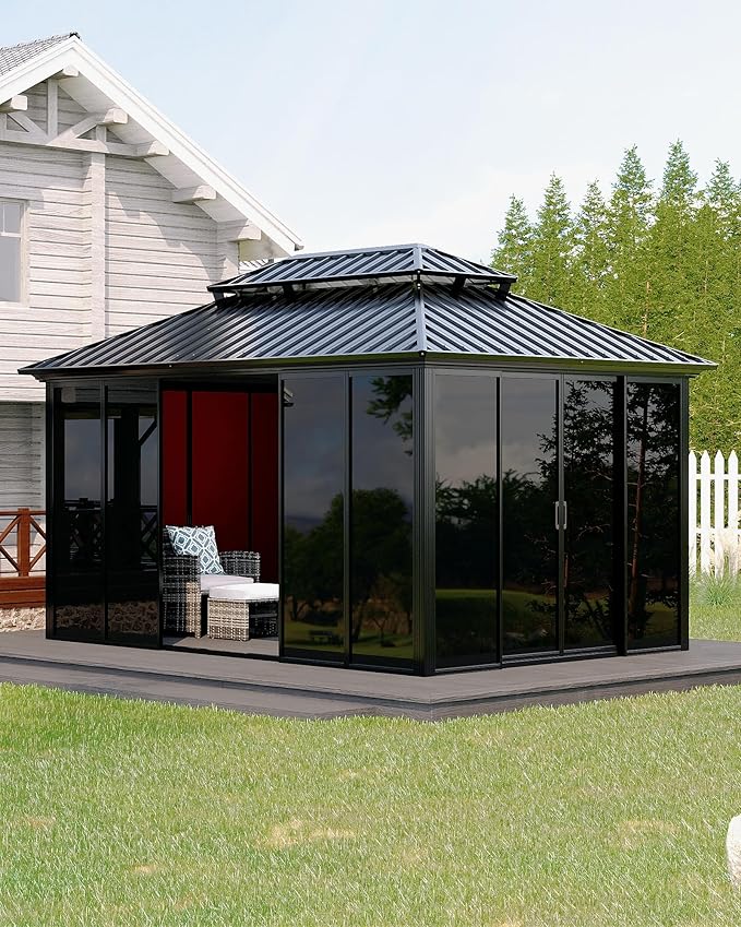 12x12 ft Hardtop Gazebo Sunroom, All-Season Outdoor Room with Aluminum Frame, Enclosed Patio Solarium with Polycarbonate Sliding Doors & Double Roof for Backyard, Deck, and Hot Tub Enclosure
