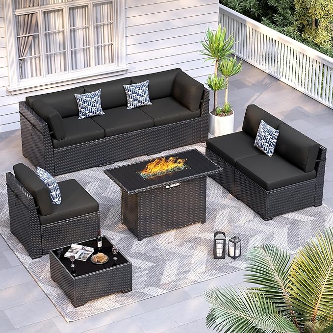 8 Piece Patio Furniture Set with 44” Fire Pit Table All-Weather Wicker Conversation Sectional Sofa & Coffee Table with Thickened Cushions for Backyard, Garden(Black)