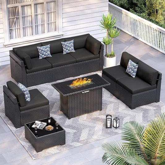 8 Piece Patio Furniture Set with 44” Fire Pit Table All-Weather Wicker Conversation Sectional Sofa & Coffee Table with Thickened Cushions for Backyard, Garden(Black)