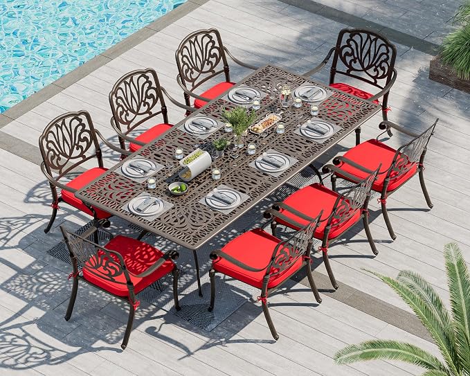 TITIMO 9-Piece Cast Aluminum Patio Furniture Set, Outdoor Patio Dining Set Bistro Conversation Set, All-Weather Rectangular Table w/Umbrella Hole (Red-Fixed Elizabeth Chair, 9 Pcs)