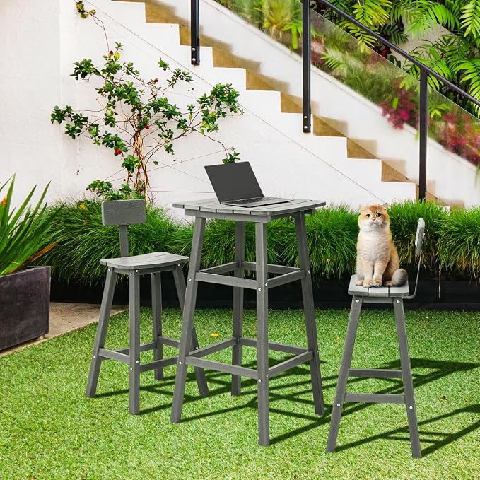 Bar Height Chairs Set of 2, HDPE Front Porch Chairs Set, Weather Resistance Outdoor Bar Stools Set for Spas, Cafes, Swimming Areas, Lodges and Hotels - Grey