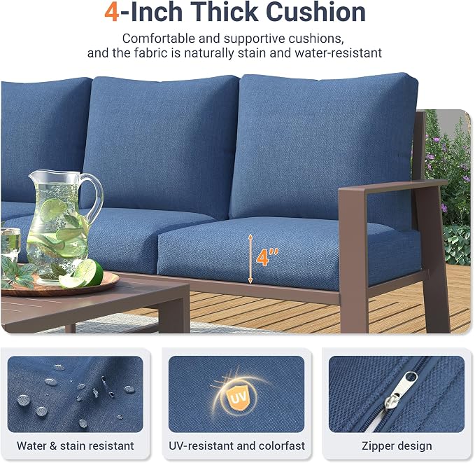 UDPATIO Aluminum Outdoor Patio Furniture Set 7-Seat Metal Patio Conversation Sets with Coffee Table and Water-Resistant Cushions, Modern Patio Sectional Sofa for Porch, Deck, Backyard, Poolside