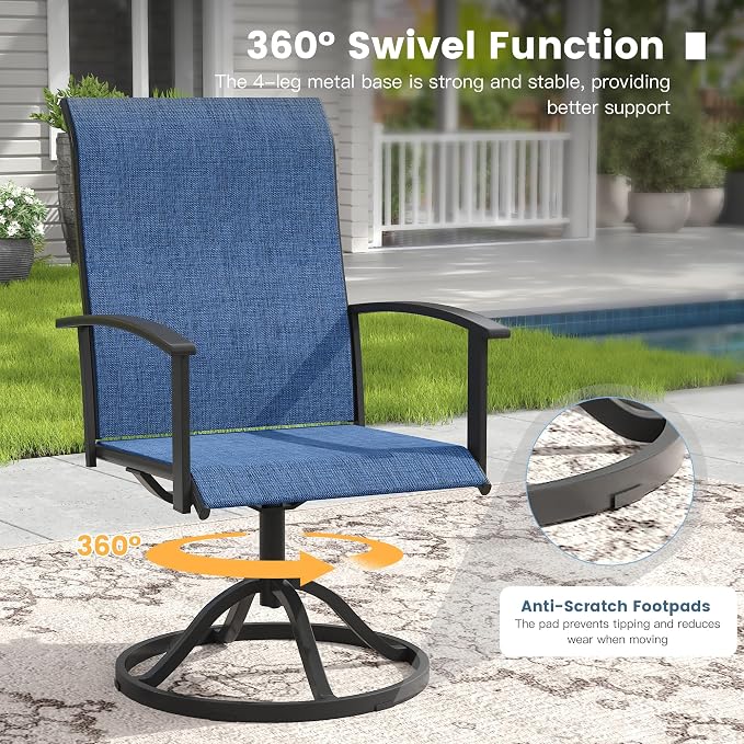 DIFY 9 Pieces Outdoor Dining Set for 8, 60" Black Round Metal Table with Umbrella Hole and Blue Textilene Swivel Patio Chairs, Patio Table and Chairs Set for Garden, Backyard, Poolside