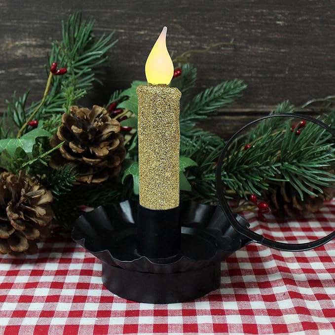 CVHOMEDECO. Glitter Flameless Candles Flickering Battery Operated LED Taper Candles with Timer for Home, Wedding, Halloween, Christmas Decor. Gold, 4-3/4 Inch, Set of 6