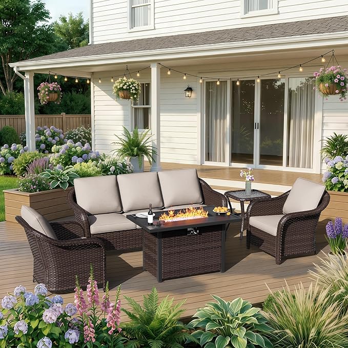 5 Piece Patio Wicker Conversation Set, All-Weather Use Outdoor Wicker Sofa with 2 PE Rattan Ottomans,2 Chair, 1 Side Table, Ideal for Porch, Backyard, Balcony, Poolside, Beige