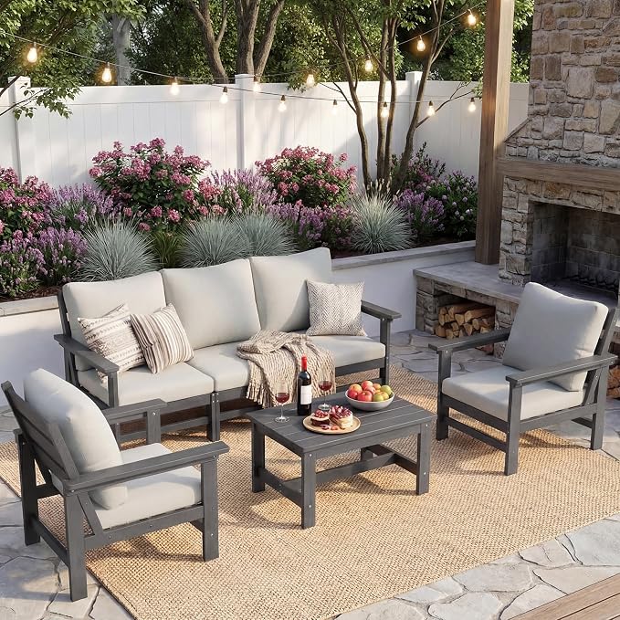 HDPE Patio Furniture Set 6 Piece Outdoor Furniture Sets Modular Sofa Set with Cushion All Weather Patio Conversation Set for Yard Garden Poolside Deck