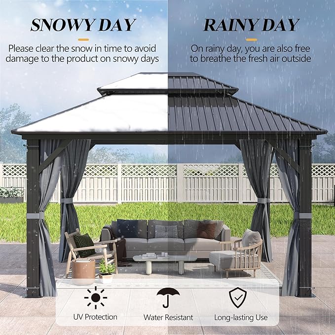 GARTOO 10'x12' Outdoor Hardtop Gazebo with Double Roof - Heavy-Duty Steel Top Aluminum Frame Gazebo with Solar LED Light, Breathable Netting & Privacy Curtain for Patio, Porch, Garden, Backyard