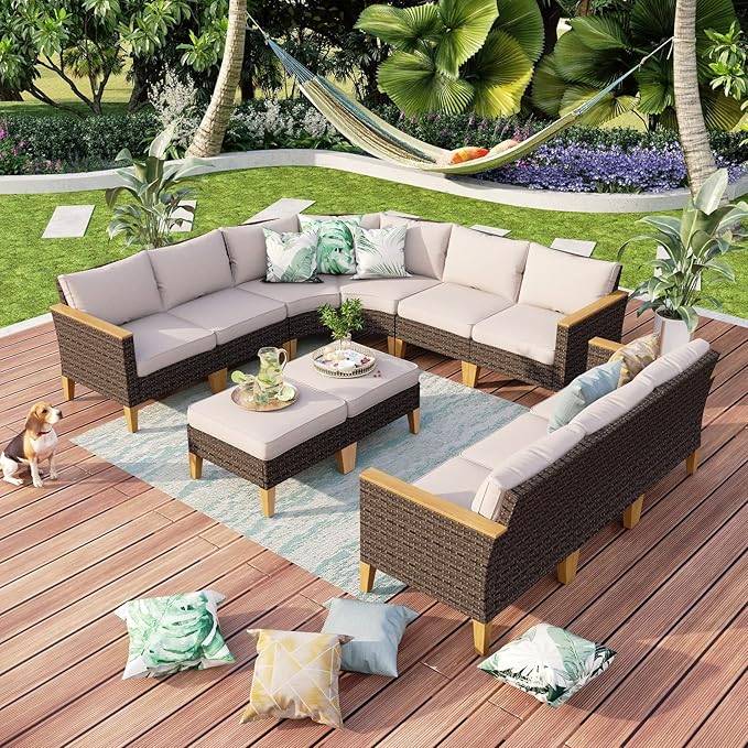 MFSTUDIO 11 Pieces Wicker Patio Furniture Set, All-Weather Rattan Outdoor Half-Moon Curved Sectional Sofa Set for Garden, Backyard, 2 x Curved Sofa, 3 x Armless Sofa, 2 x Ottomans, 4 x Corner Chair