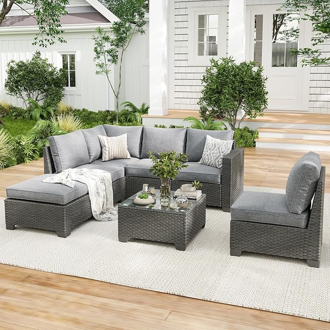Soohow 7-Piece Patio Furiture Sofa Set, Outdoor Furniture with Corner Sofa, Ottoman, 3 Armless Chairs, One-Arm Sofa & Coffee Table, Water/Oil/Stain-Resistant Fabric (Dark Gray Cushion)