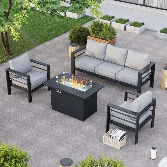 Aluminum Patio Furniture with Fire Pit Table, 6 Piece Outdoor Set, Waterproof Covers for Backyard Garden (Dark Grey & Light Grey)