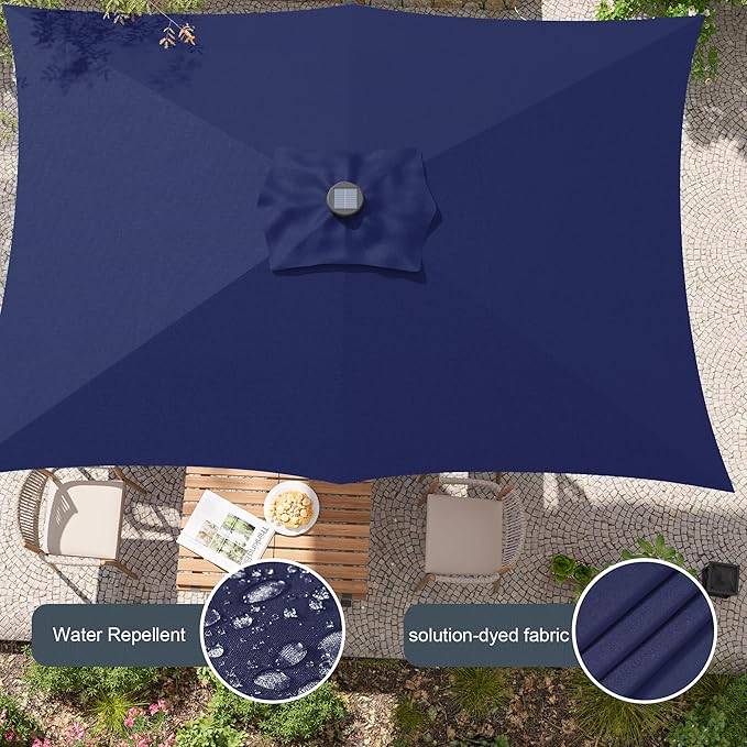Rectangle Patio Umbrella with Solar Lights, 6x9ft Outdoor Rectangular Table Market Umbrella Patio with Push Button Tilt and Crank for Pool, Deck, Garden,Backyard