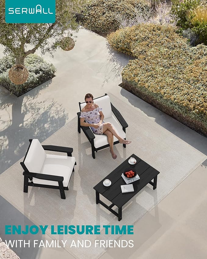 SERWALL HDPE Outdoor Couch Set of 2, All-Weather Wood-Like Patio Furniture Set, Black Outdoor Sofa Chairs with Khaki Cushions