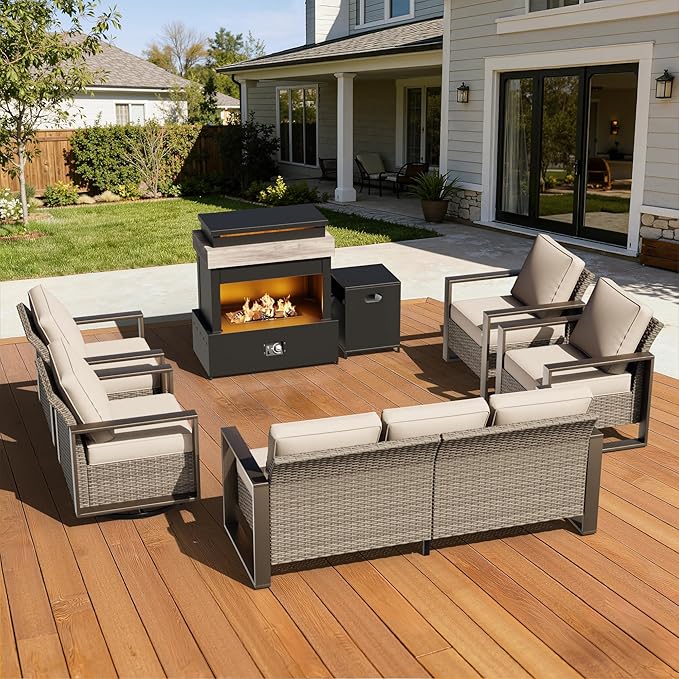 6 Pieces Wicker Patio 75" Sofa Set with 2 Armchairs, 2 Swivel Chairs, Fireplace, All Weather Rattan Outdoor Conversation Furniture Set with Metal Armrest & Removable Cushions for Deck, Beige