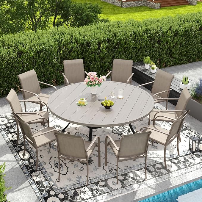 DIFY Patio Dining Set for 10, 11 Piece Outdoor Table and Chairs Set, 63" Grey Wood-Like Round Metal Patio Dining Table and Sandshell Textilene Stackable Patio Chairs, for Backyard Garden Poolside