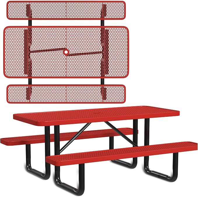 Leisure Craft Metal Picnic Table with Bench - 6 ft Rectangle Outdoor Dining Table for 6, Umbrella Hole, Weatherproof Heavy Duty Thermoplastic Coating, Commercial Grade Furniture Made in USA - Red
