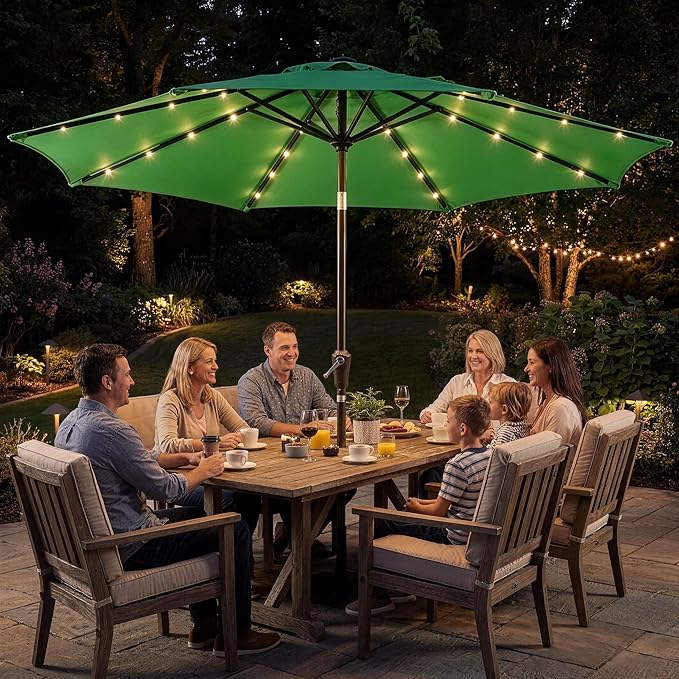 Garvee 9FT Patio Umbrella with 32 Solar LED Lights, Outdoor Table Market Umbrella with Tilt and Crank, 8 Sturdy Iron Ribs Sun Shade for Garden, Deck, Backyard and Pool, Dark Green
