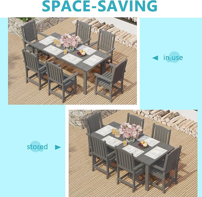 ROCSUMOO 6-Piece Outdoor Dining Table Sets, Patio HDPE Dining Table and Chair Set with Umbrella Hole, All Weather Outdoor Dining Furniture Set (Grey, 1 Table + 4 Chairs + 1 Bench)