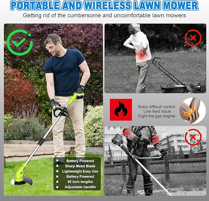 Aokia Electric Weed Wacker Cordless, 12V Battery Powered Weed Eater Cordless with Adjustable Pole (65inch), Lightweight Grass Trimmer Cutter/Edger/Mower with 2 Types Blade for Garden and Yard Lawn