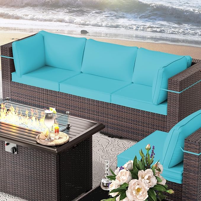 8 Pieces Outdoor Patio Furniture Set,Outdoor Sectional Furniture with 43" 55000 BTU Gas Propane Fire Pit Table,All Weather PE Rattan Wicker Patio Conversation Set,Turquoise Blue