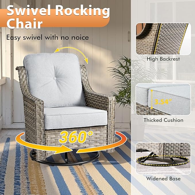 6 PCS Outdoor Patio Furniture Sets,Patio Conversation Sets Outside Rattan Soft Cushion Sofa with 2 Wicker Rocking Chairs & 54 in Fire Pit Table Fit Backyard Porch Garden Poolside Balcony,Light Grey