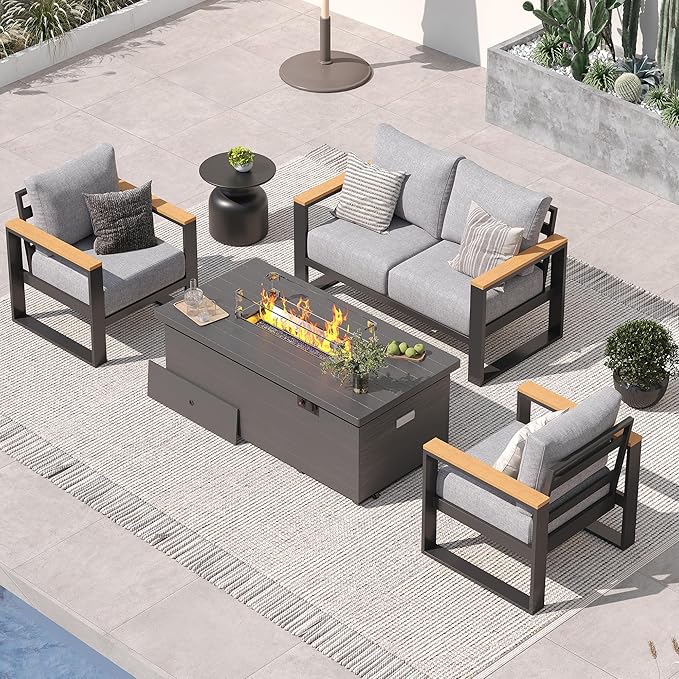 Sundale Outdoor Aluminum Patio Furniture Set, 4 Piece Outdoor Conversation Sets with Fire Pit and 6" Thick Olefin Cushions, All Weather Outdoor Sectional Set for Deck, Lawn, Yard (Grey)