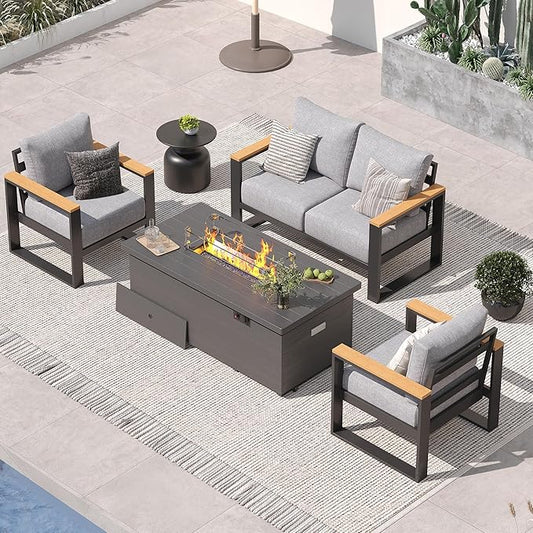 Sundale Outdoor Aluminum Patio Furniture Set, 4 Piece Outdoor Conversation Sets with Fire Pit and 6" Thick Olefin Cushions, All Weather Outdoor Sectional Set for Deck, Lawn, Yard (Grey)