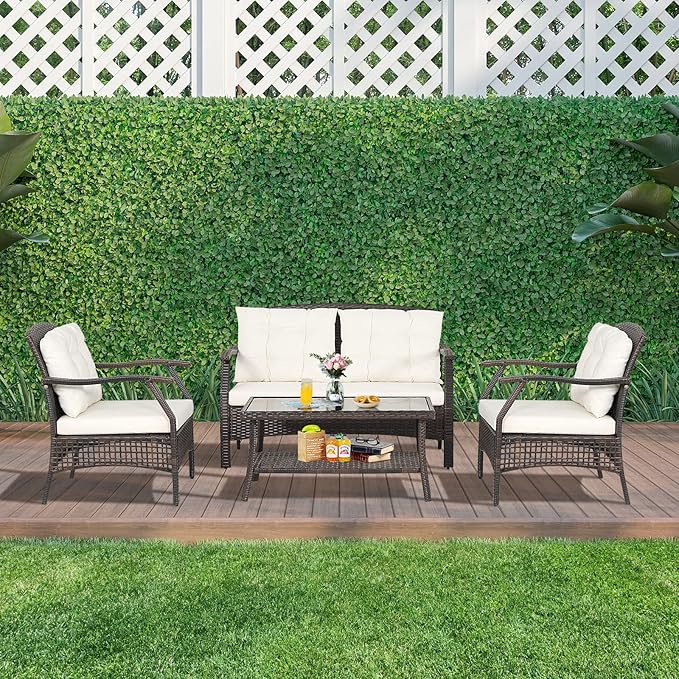 HAPPYGRILL 4 Piece Outdoor Rattan Conversation Set, Patio Rattan Sofa Set with Protective Cover, Soft Seat & Back Cushions, Patio Furniture Set with Sturdy Steel Frame