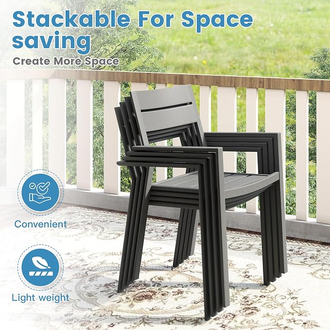 DIFY 11 Piece Outdoor Patio Dining Set for 10, 59.8" Round Dining Table with Umbrella Hole and Stackable Metal Chairs, Patio Table and Chairs Set for Backyard Garden Poolside, Grey Wood-Like & Grey
