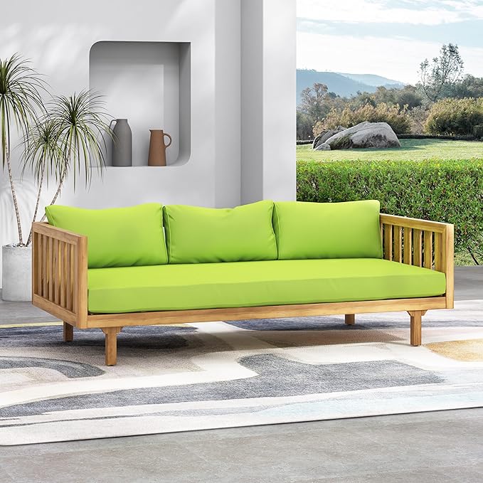 Merax Outdoor Acacia Wood Conversation Set - Patio 3-Seat Loveseat Sofa w/Coushion and Round Coffee Table for Backyard, Lawn, Balcony, Teak+Green/Light Teak