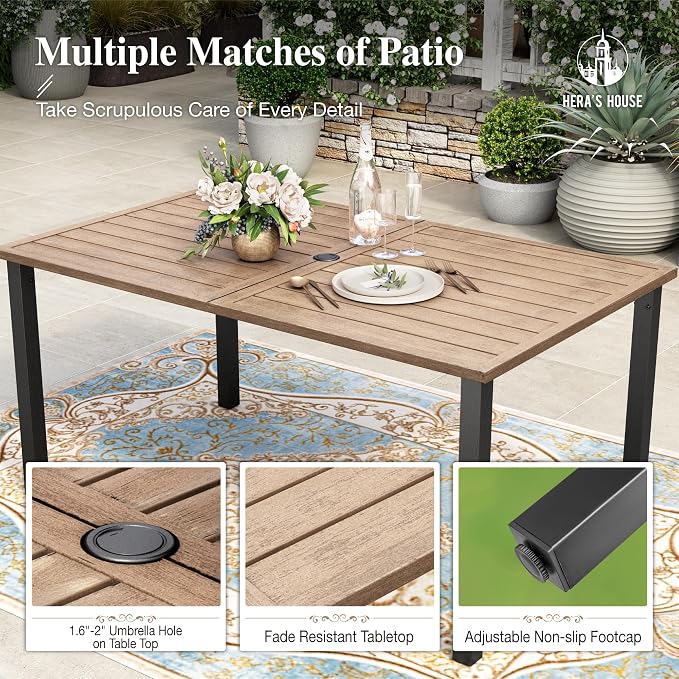HERA'S HOUSE 7pc Patio Dining Set, Outdoor Wood-Like Metal Table & 6 Chairs | Blue textilene chairs + 60" rectangle table with umbrella hole. Waterproof, rust-resistant, all-weather for deck, garden