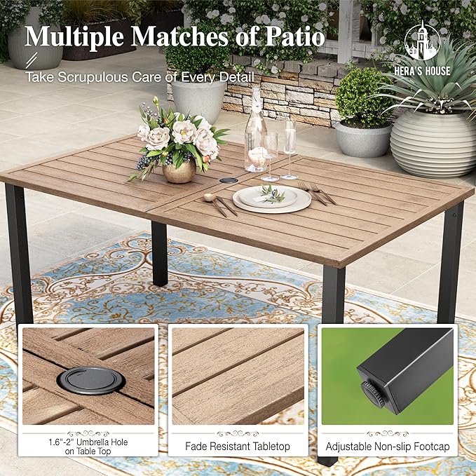 HERA'S HOUSE Patio Table and Chairs for 6, 7 Pieces Outdoor Deck Dining Sets, Wood-Like Rectangular Metal Table Set with Chairs for Lawn Garden Backyard, Blue