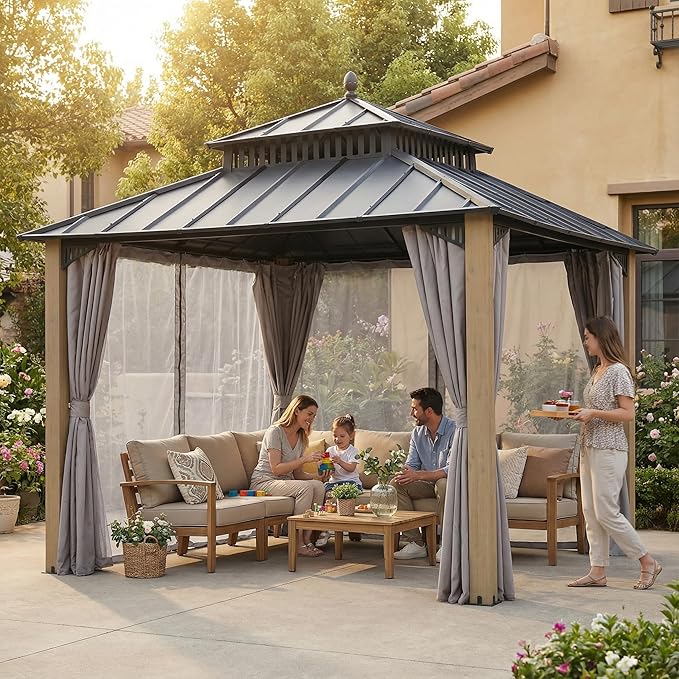 SUNJOY Kingston 10' x 10' Hardtop Wood Gazebo with Galvanized Steel Double Roof, Curtain and Netting, Cedar Posts Permanent Pavilion Gazebo for Garden, Patio, Deck, Lawn