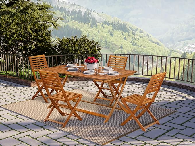 East West Furniture AEBS5CWNA 5 Piece Outdoor Patio Dining Sets Includes a Rectangle Acacia Wood Table and 4 Folding Side Chairs, 36x60 Inch, Natural Oil