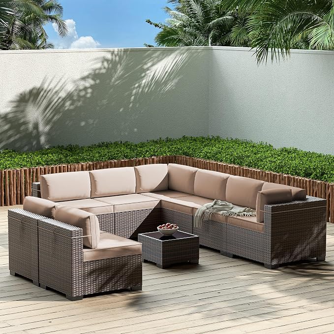 Gotland 9 Pieces Patio Furniture Set with 29.5'' High Backrest, All Weather PE Wicker Outdoor Furniture with 4’’ Thickened Cushions Coffee Table, Patio Set for Deck, Garden, Backyard, Khaki