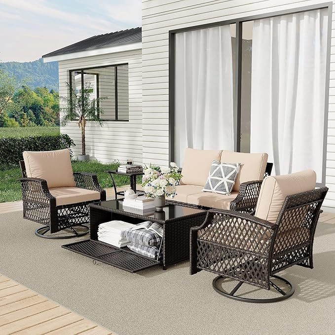 HOMREST 5 Piece Patio Furniture Set, Wicker Outdoor Conversation Sofa Set with Swivel Chairs, Loveseat, Storage Coffee Table, Glass Side Table, Soft Cushions for Deck Backyard Porch 4 Seats Khaki